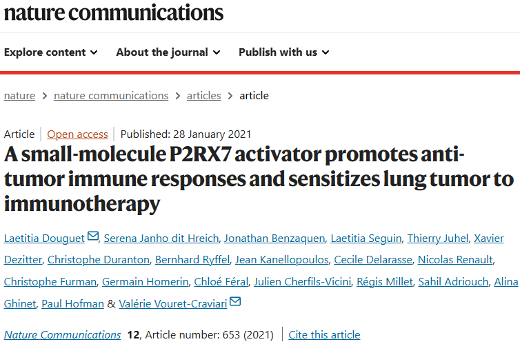 一种小分子P2RX7激活剂促进抗肿瘤免疫反应并使肺肿瘤对免疫疗法更敏感